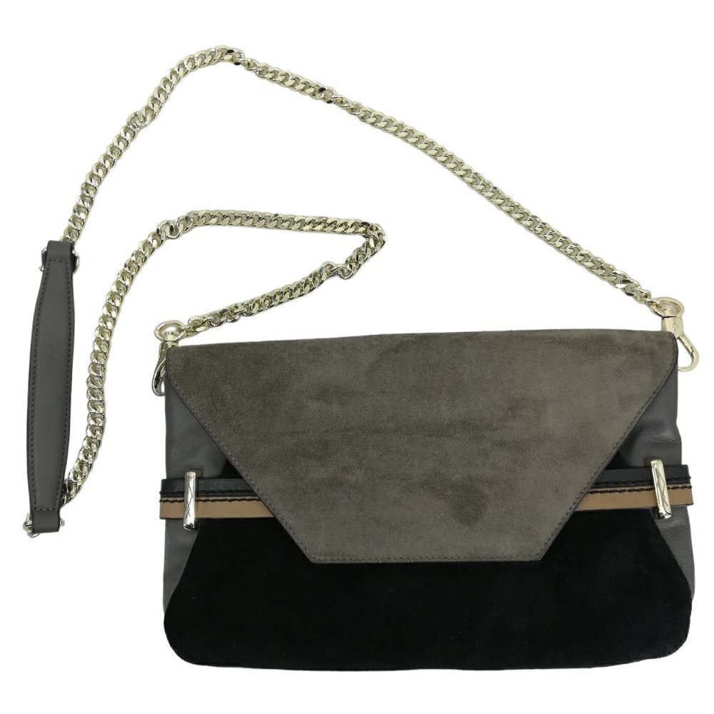 Sondra Roberts Suede Leather Gold Chain Shoulder Bag Purse Gray Black Clutch
